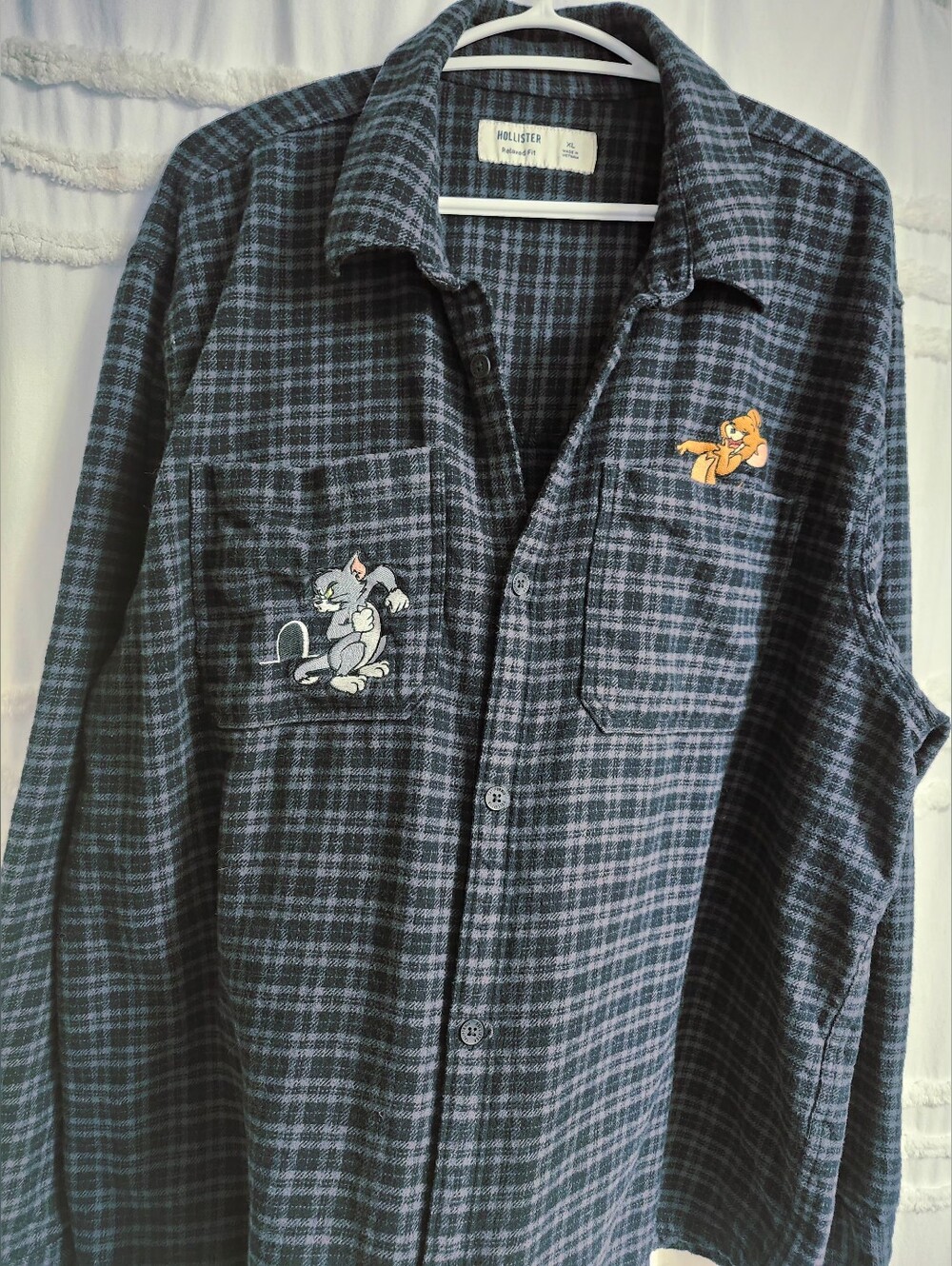 Hollister X Ben & Jerry Men's Blue and Gray Plaid Button-Down Shirt .XL